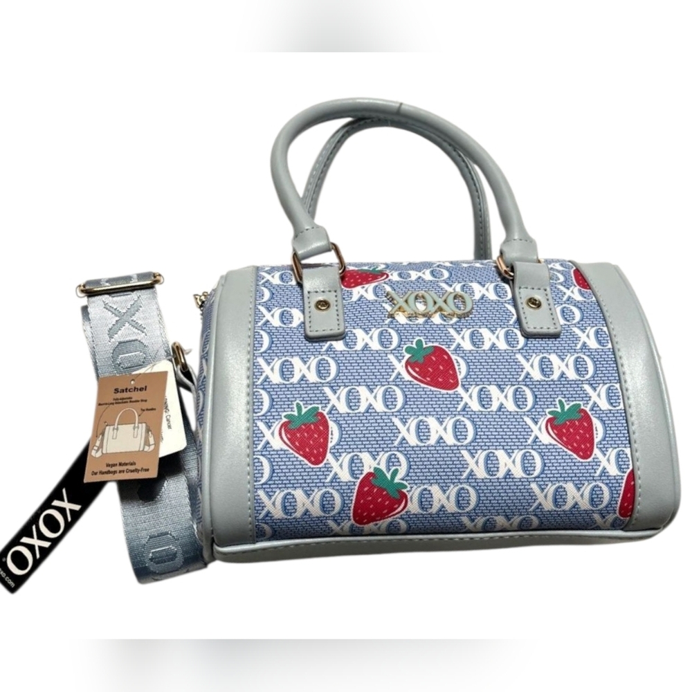 New Original XOXO Barrel Satchel Crossbody Bag Blue Strawberry Vegan Fruit
